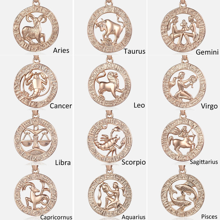 12 Zodiac Sign Constellations Pendants Necklaces For Women Men 585 Rose Gold Color Fashion Birthday Gifts