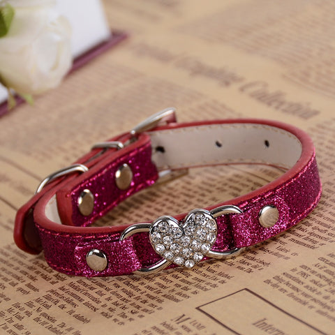 Fashion Glitter Rhinestone Leather Dog Collar Small Pets  Adjustable RED PINK